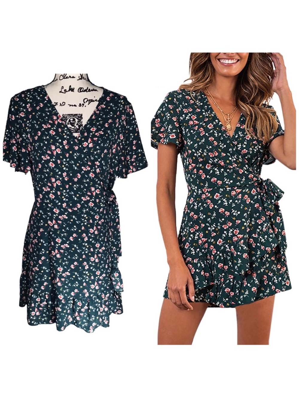 Women’s Dark Green Floral Wrap Mini Dress with Tie Waist